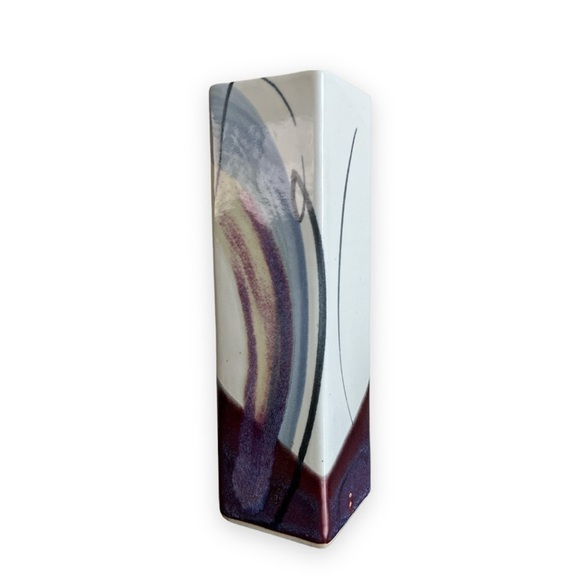 Handmade Studio Pottery Vase Blues‎ Purple Artist Signed Rectangle 10” Earthware - Picture 1 of 9